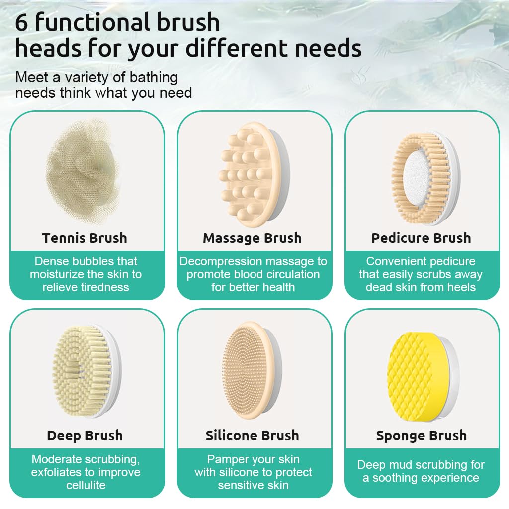 HANNEA Electric Bath Brush USB Rechargeable IPX7 Ultra Waterproof Bath Brush with 6 Brush Heads & 3 Modes 360° Rotatable Bath Brush 14.5 Inches Long Electric Exfoliation Bath Brush
