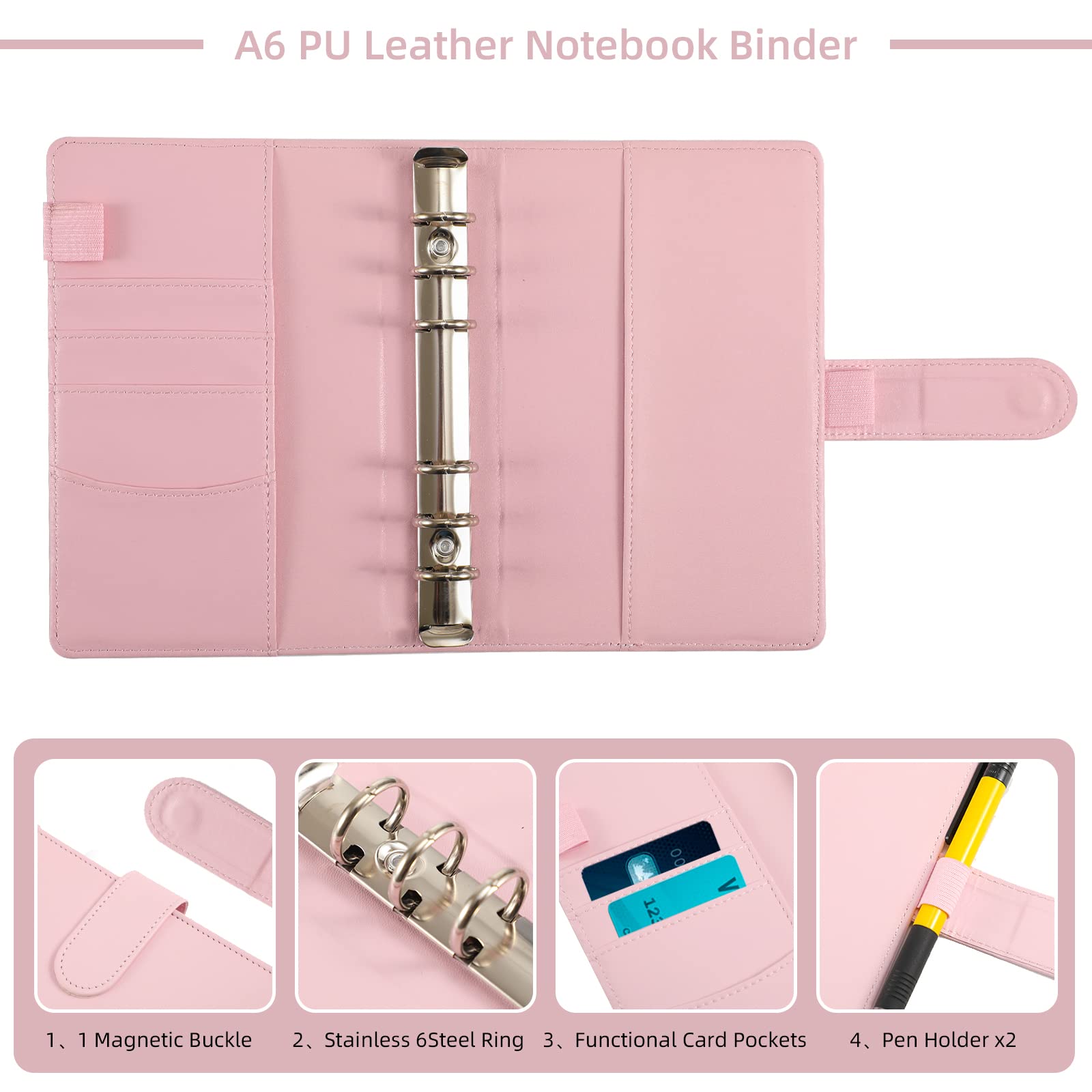 HASTHIP File Folder Ring Binder Notebook Set, A6 PU Leather Binder Clip with Envelopes, Budget Sheets, Label Stickers, 1 Ruler Stationery Supplies