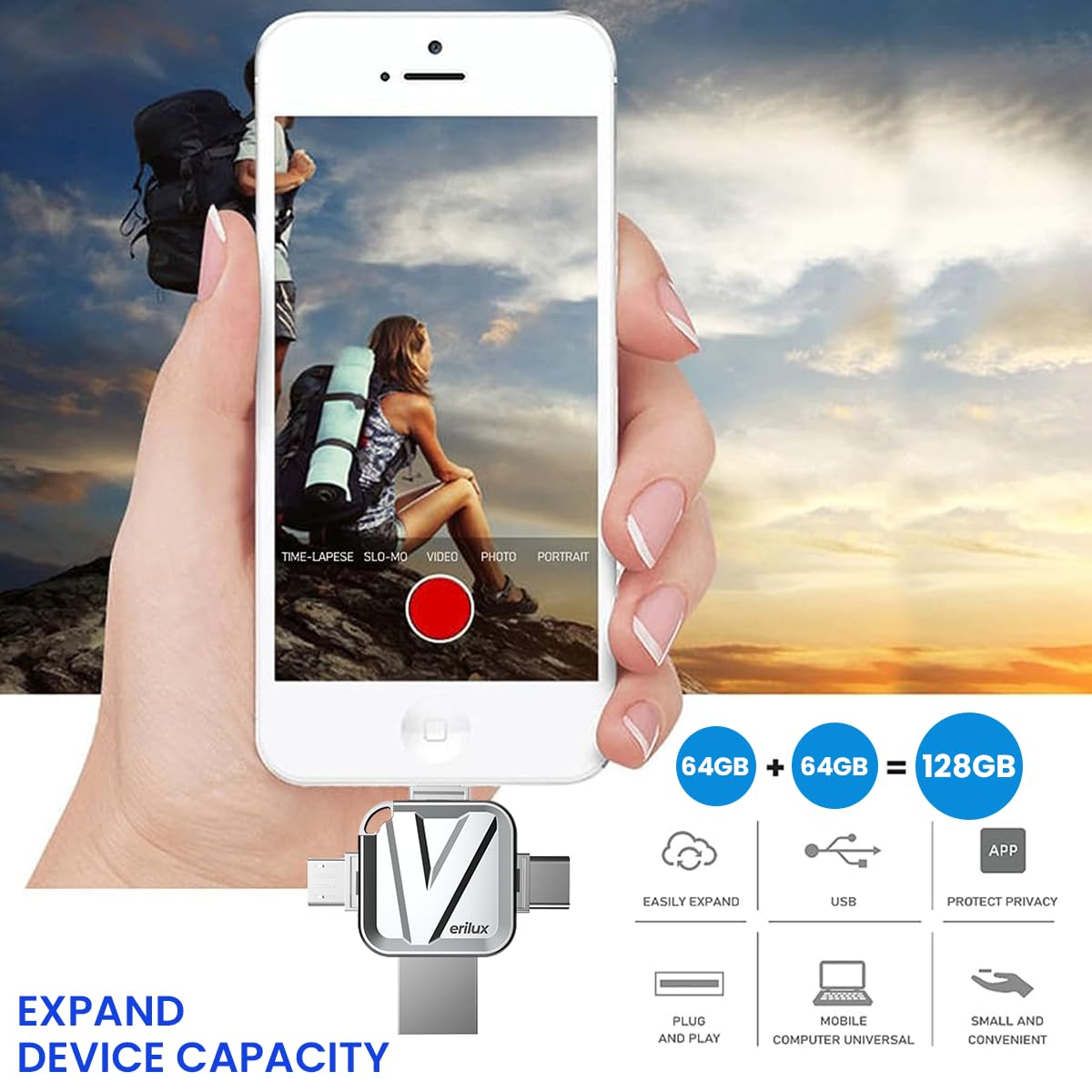 Verilux Pendrive 64GB 4 in 1 Flash Drive with Light-ning, Micro USB, USB A, Type-C Interface High Speed Mini Hangable 64 GB PenDrive for iOS & Android Compatible with iPhone, iPad, Android, PC