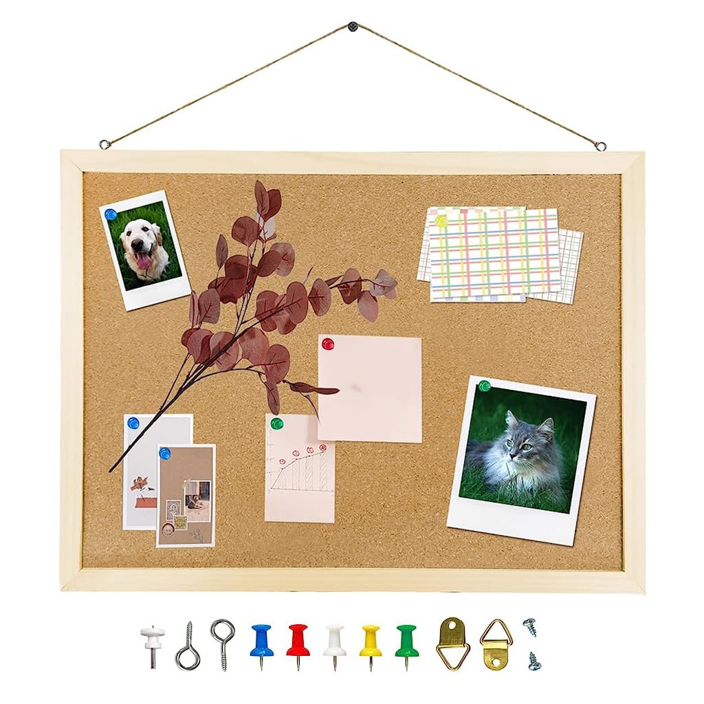 Climberty Cork Board Bulletin Board, 15.7 X 23.6 Inches Oak Wood Finish Frame with Thumbtack Installation Accessories, Wall Mounted Cork Board for Office Home and School