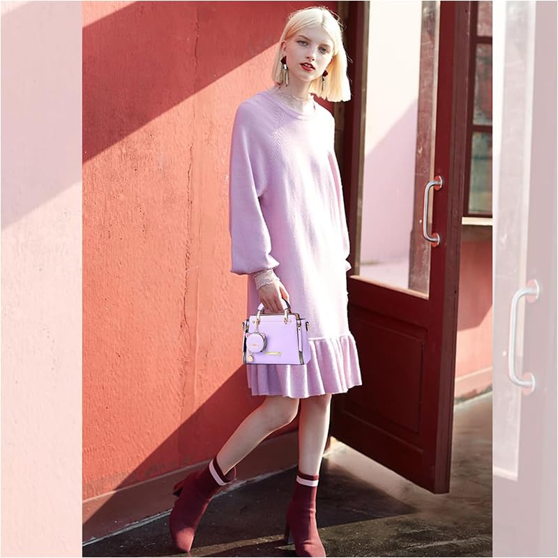 ZIBUYU® Hand Bag for Women Stylish PU Small Tote Bag with Detachable Strap & Cat Ear Pouch, Crossbody Shoulder Bag for Daily Use (Purple, 24x10x18cm)