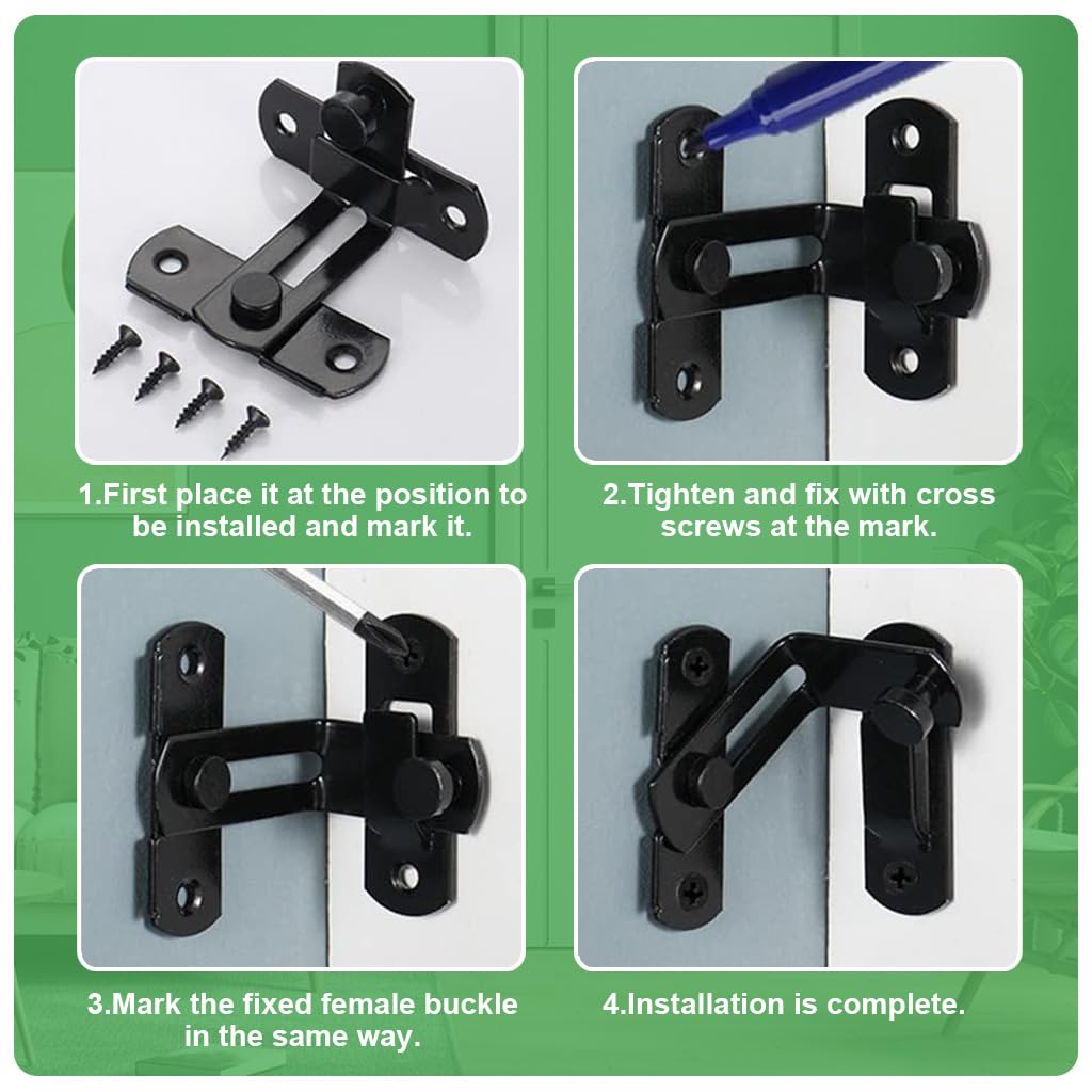 HASTHIP 2 Pcs Cupboard Lock Stainless Steel 90° Door Buckle Bolt Barn Door Lock Right Angle Latches Bar Latch Safety Door Lock for Door, Fence, Cabinet, Chicken Coop, 2.4 inches (Black)