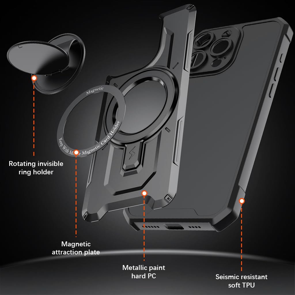 ZORBES for iPhone 15 Pro Max Case, TPU Phone Case for iPhone 15 Pro Max Compatible with MagSafe Wireless Charging Strong Magnetic Ring Patch, 360° Rotatable Folding Phone Stand with Phone Ring Grip