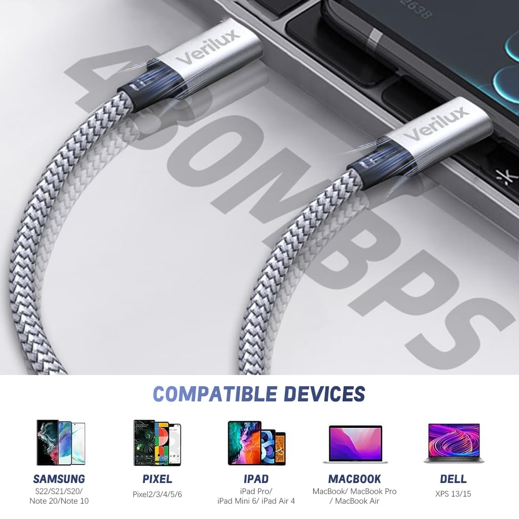 Verilux 60W USB C to USB C Fast Charging Cable 480Mbps Data Transfer 9.8Ft Nylon Braided Cable For Computer, Smartphone