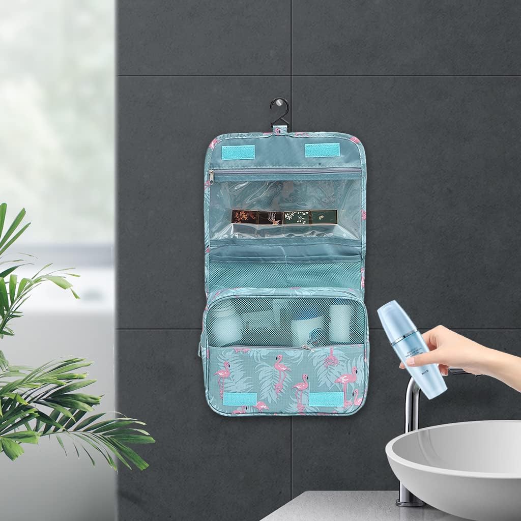 ZIBUYU Travel Cosmetic Pouch Hangable Cosmetic Organizer for Women Makeup Bag Printed Cosmetic Box Girls Cosmetic Pouch for Toiletries, Cosmetics, Skin Care Product, Makeup Brushes-Blue Flamingo