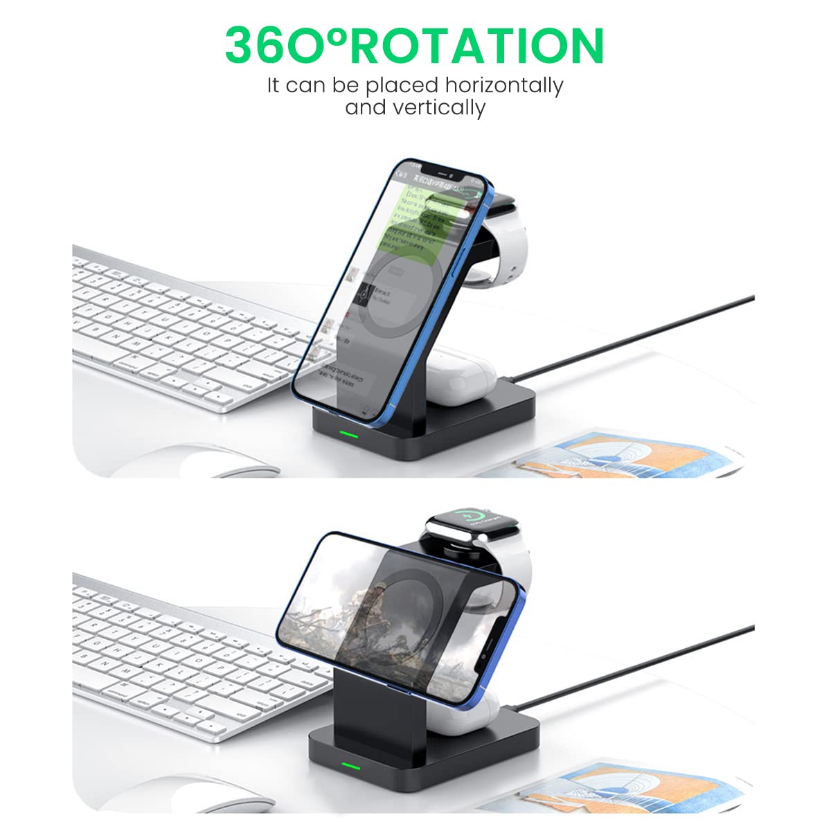 ZORBES Magnetic Wireless Charging Station for Apple Series, 3-in-1 Standard 15W Fast Mag-Safe Charger Stand for iPhone 14, 13, 12 Pro Max/Pro/Mini/Plus, iWatch 8/7/6/5/4/3 use