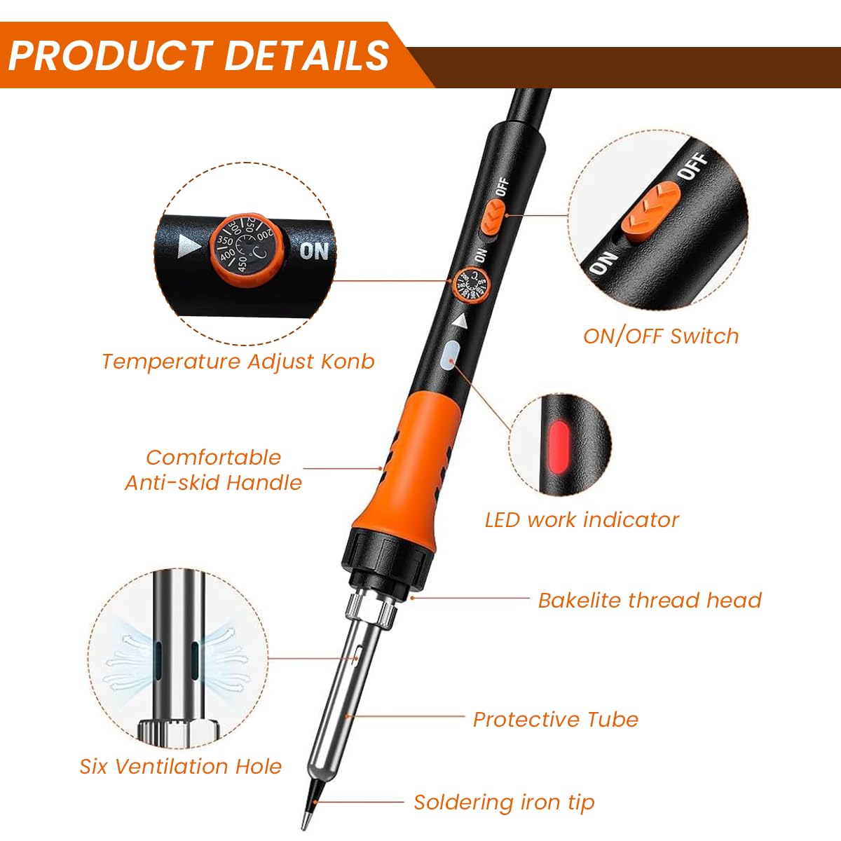 Serplex 60W Soldering Iron Kit With 5 Tips, Quick Heat 200-450°C Adjustable Temperature Soldering Gun With On/Off Switch, Soldering Wire, Electric Soldering Kit Set For Electronics Repair & DIY Craft