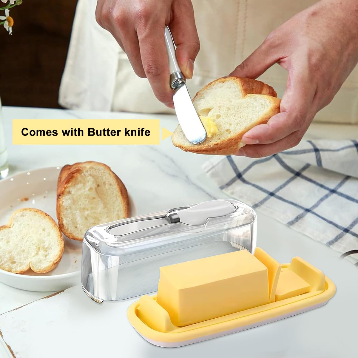 HASTHIP Butter Dish with Lid, Covered Butter Dish with Butter Knife for Countertop, Airtight Butter Container with Cover Perfect for East West Coast Butter