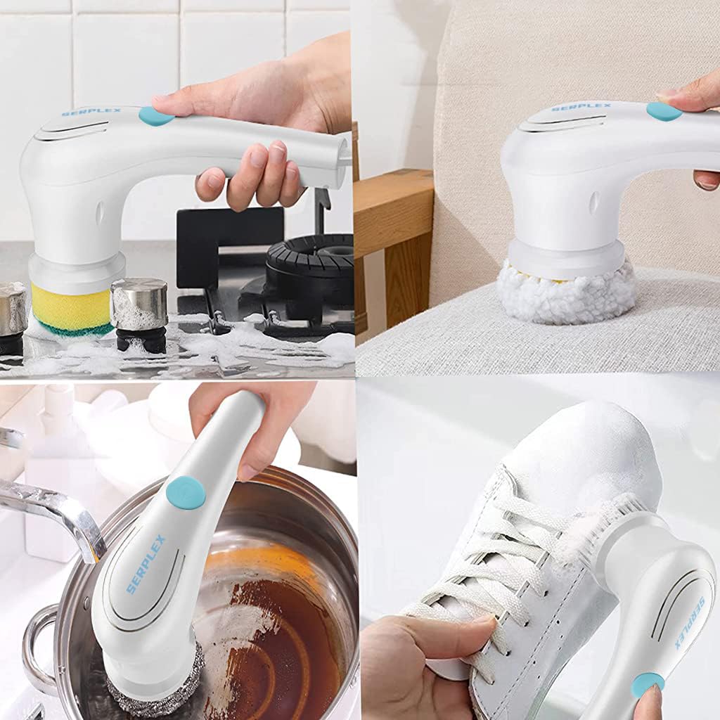 Serplex Electric Cleaning Brush Rechargeable Electric Spin Scrubber with 5 Brush Heads, 360° Rotation Bathroom Cleaning Brush Electric for Range Hood, Glass, Window, Car, Bathtub, Tile, Shoes