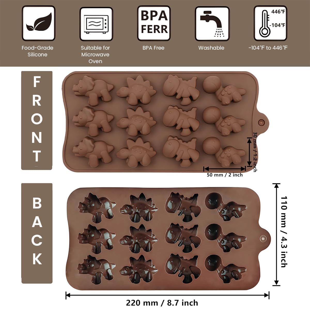 HASTHIP 2Pcs 12-Cavity Dinosaur Animal Chocolate Mold, Set of 2PCS Non Stick Reusable Silicone Dinosaur Animal Mold for DIY Candy Chocolate Jelly Cookie, Ice Cube Tray Mould