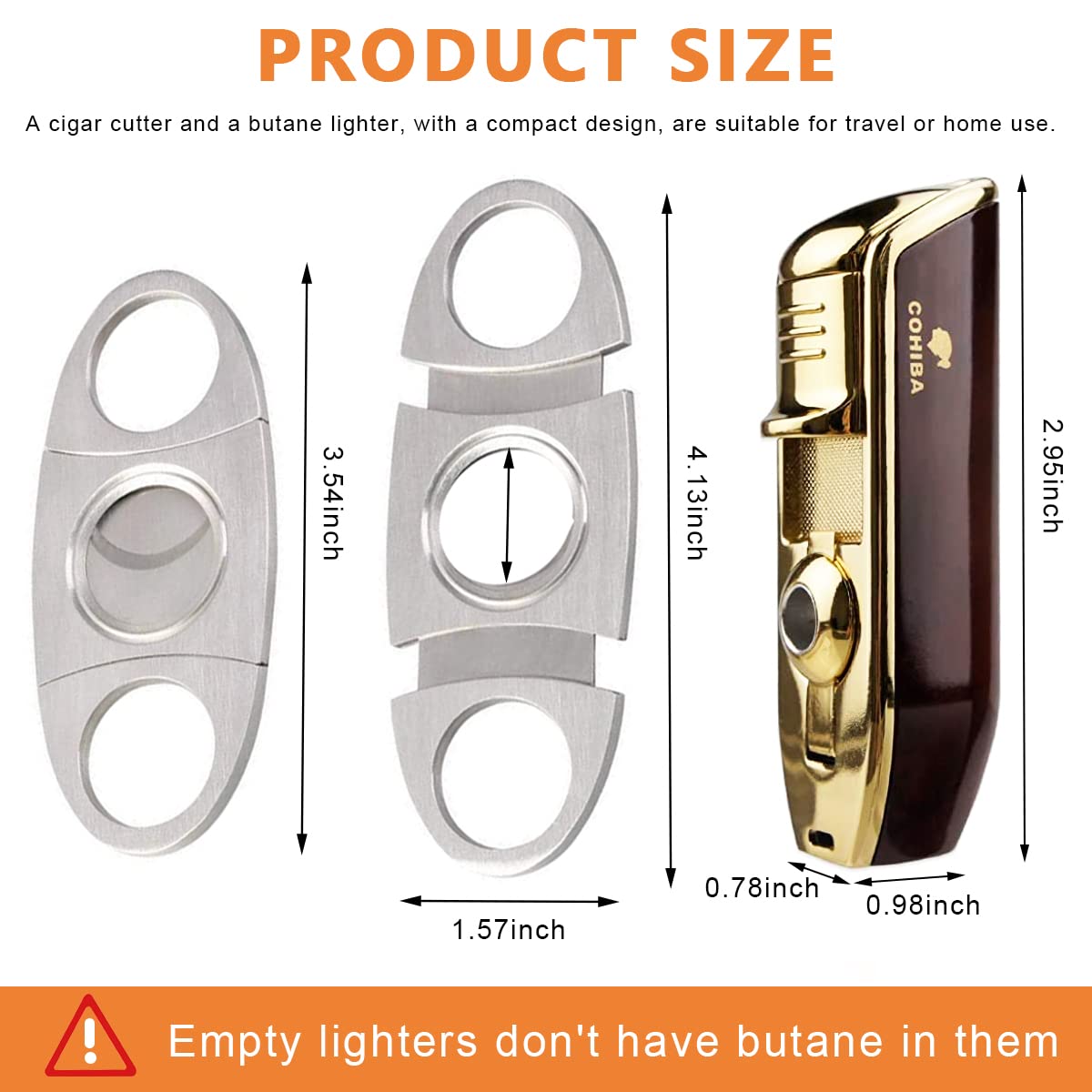 GUSTAVE 2Pcs Cigar Cutter Cigar Lighter Set, Stainless Steel Cigar Cutter, Refillable Butane Lighter with Adjustable Flame, Perfect Combo of Cigar Accessories for Men - Without Gas