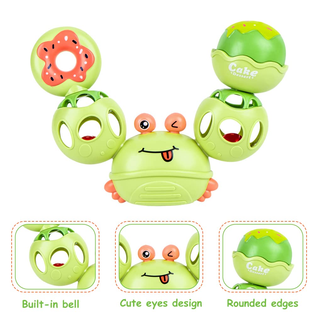 PATPAT Rattles for Baby 0-6 Months Cartoon Crab Sensory Teething Toys for Babies 360 ° Rotation Rattle Toy BPA-Free Soothing Toy Toddler Activity Toys New Born Baby Toys Gifts for Boys Girls- Green