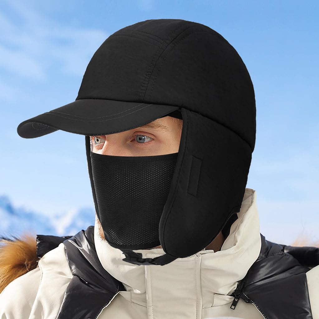 GUSTAVE Winter Hat Outdoor Riding Cap with Earflap & Removable Face Mask Warm Fleece Lining Thermal Cap Quick Release Chin Belt Design Fashion Men Women Winter Cap