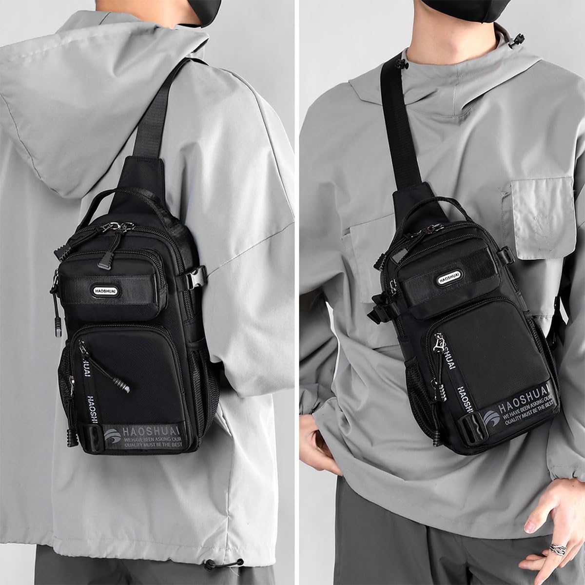 GUSTAVE Sling Bag for Men Crossbody Bag Multi Pocket Chest Bag Fashion Side Bag with Handle & Adjustable Strap, Convenient for Commuting, Travel, Outdoor Activities, Cycling(black)