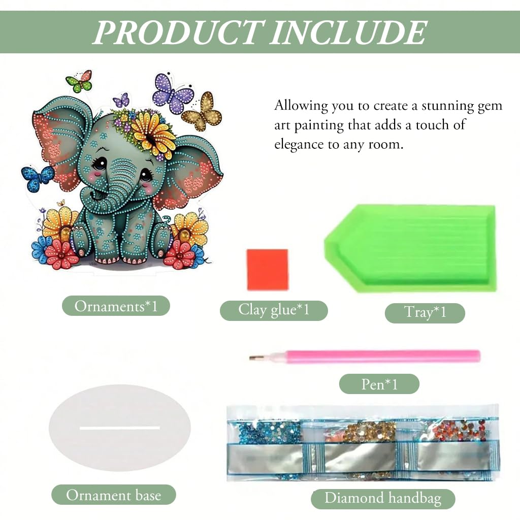 HASTHIP DIY 5D Diamond Painting Art Material Kit 9.5 Inches Acrylic Elephant DIY 5D Diamond Painting Art Desk Decoration with Tools and Color Gem Packs, DIY Diamond Painting Gift