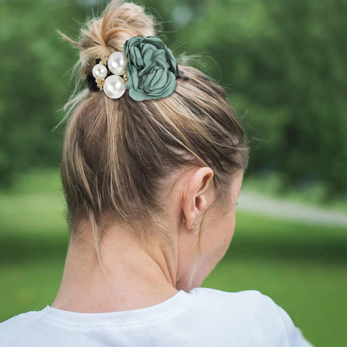 PALAY 4pcs Hair Scrunchies for Women Rose Flower Hair Ties Rope Handmade Pearl Hair Elastics Bun Accessories Elastic Ponytail Holder Gift for Girls