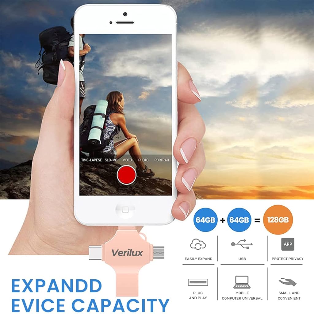 Verilux 4 in 1 Flash Drive 64GB USB Flash Drive with Lightning, Micro, USB, Type-C Interface, Mini Hangable Flash Drive Compatible with Phone, Pad, Android, PC and More Devices (Rose Golden)