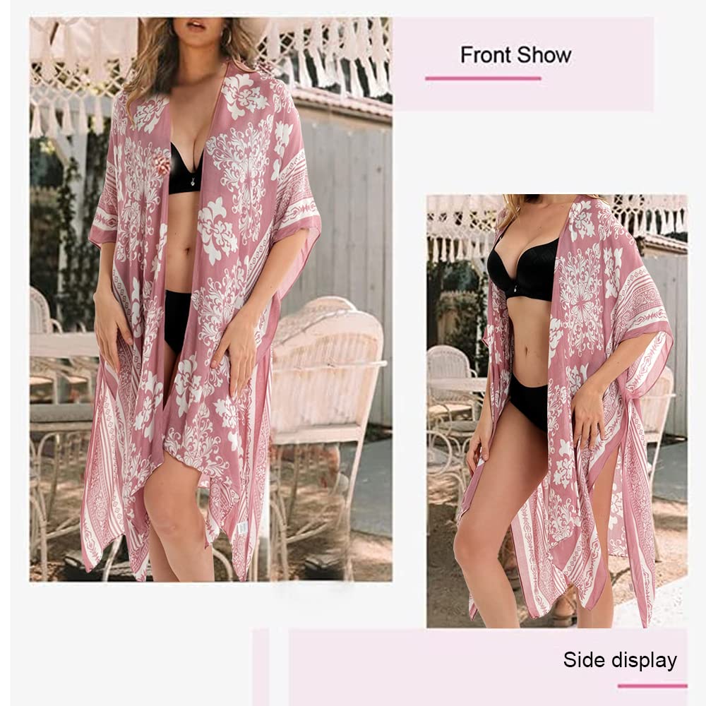 PALAY Women's Coverups for Beach Wear, Floral Print Beachwear for Women, Summer Swimsuits Beach Coverup Cardigan Wrap, Vacation Casual Cover Up for Bikini Swimwear (3/4 Sleeve, Open Front)