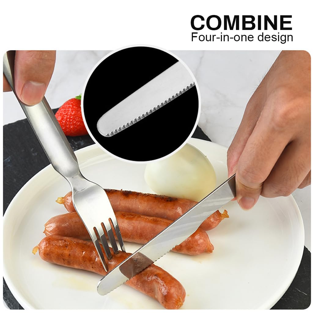 Supvox Portable Flatware Silvery Camping Stainless Steel Outdoor Tableware Set Travel Portable Fork Spoon Bottle Opener 4 in 1 Multi-Functional Dinning Cutlery