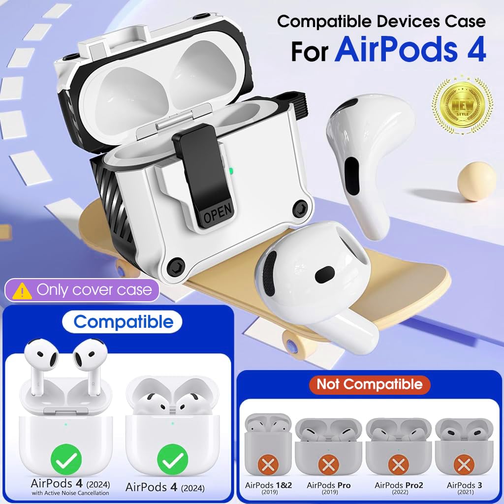 ZORBES Skin Cover for AirPods 4th Gen Charging Case, TPU Anti-Scratch Case Cover with Safety Lock & Carabiner Fashion White Earbud Charging Case Cover, No Earbuds and Charging Case Included