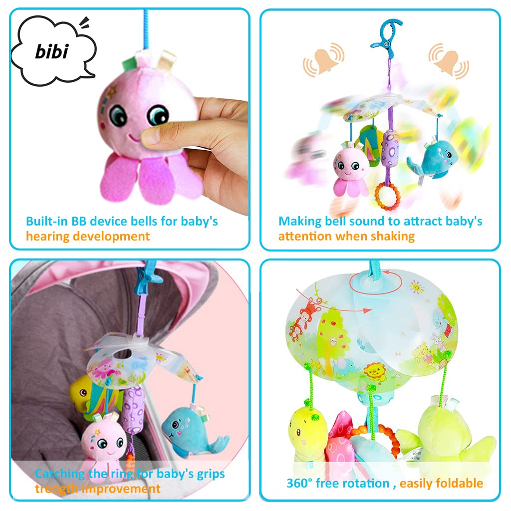 PATPAT Hanging Toys for Babies 0-6 Months, New Born Baby Toys Rattle Crinkle Soft Toys Car Seat Plush Stroller Toy with Teethers Plush Animal C-Clip Ring for Infant Babies 3 6 9 to 12 Months - Ocean
