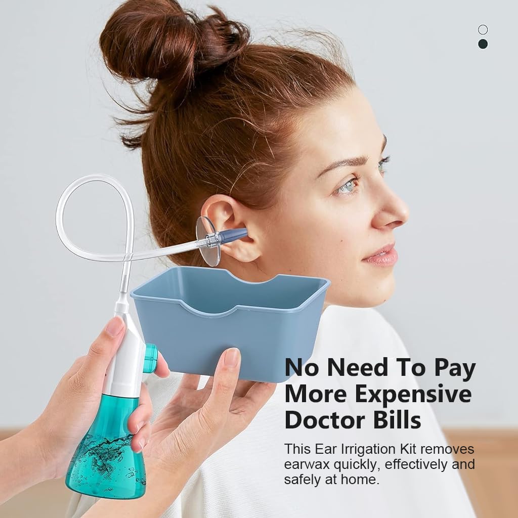 HANNEA Manual Ear Rinser Kit Long Tube Ear Canal Irrigator for Adults & Kids Ear Cleaning Rinser with 30Pcs Single-Hole Nozzles, 1 Five-Hole Nozzle, Towel, Silicone Water Sucker, Water Basin