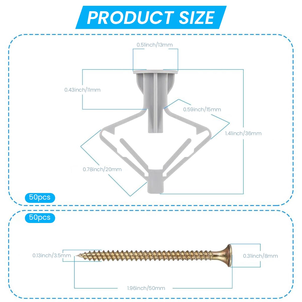 Serplex 50 Set Drywall Anchor with Screw Kit Drywall Anchor Kit Hollow Wall Anchors Plasterboard Plugs Screws Butterfly Expansion Tube Pipe Drywall Winged Anchors for Hanging Heavy Items on Drywall