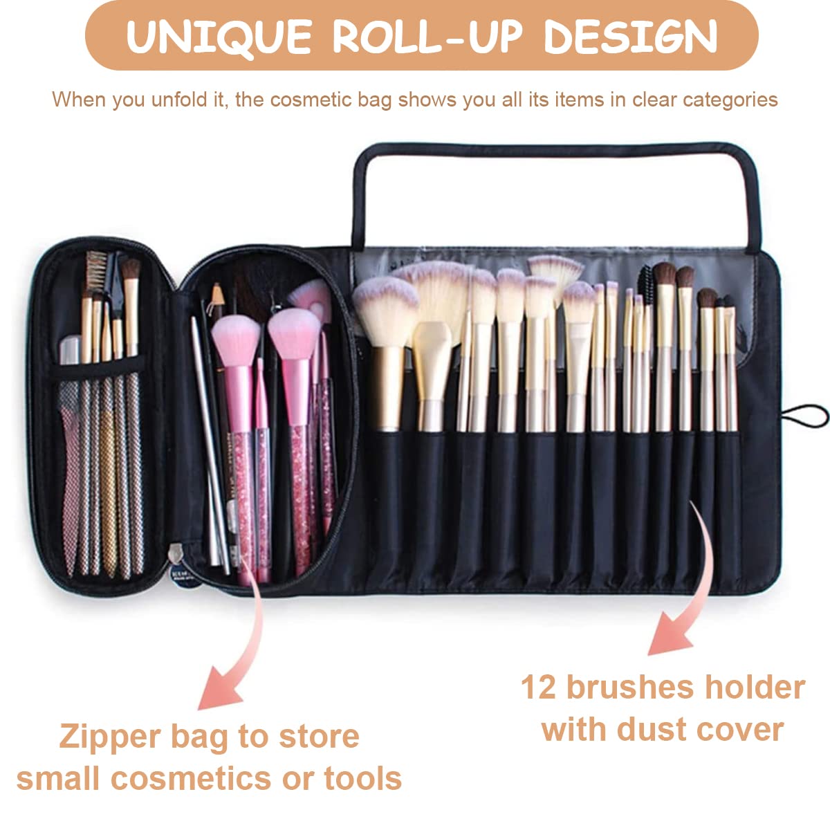 MAYCREATE Makeup Brush Holder Travel Makeup Brush Organizer Cosmetic Bag Roll Up Storage Case Pouch with 12 Brush Sleeve, Zipper & Mesh Pouch, Waterproof & Dustproof