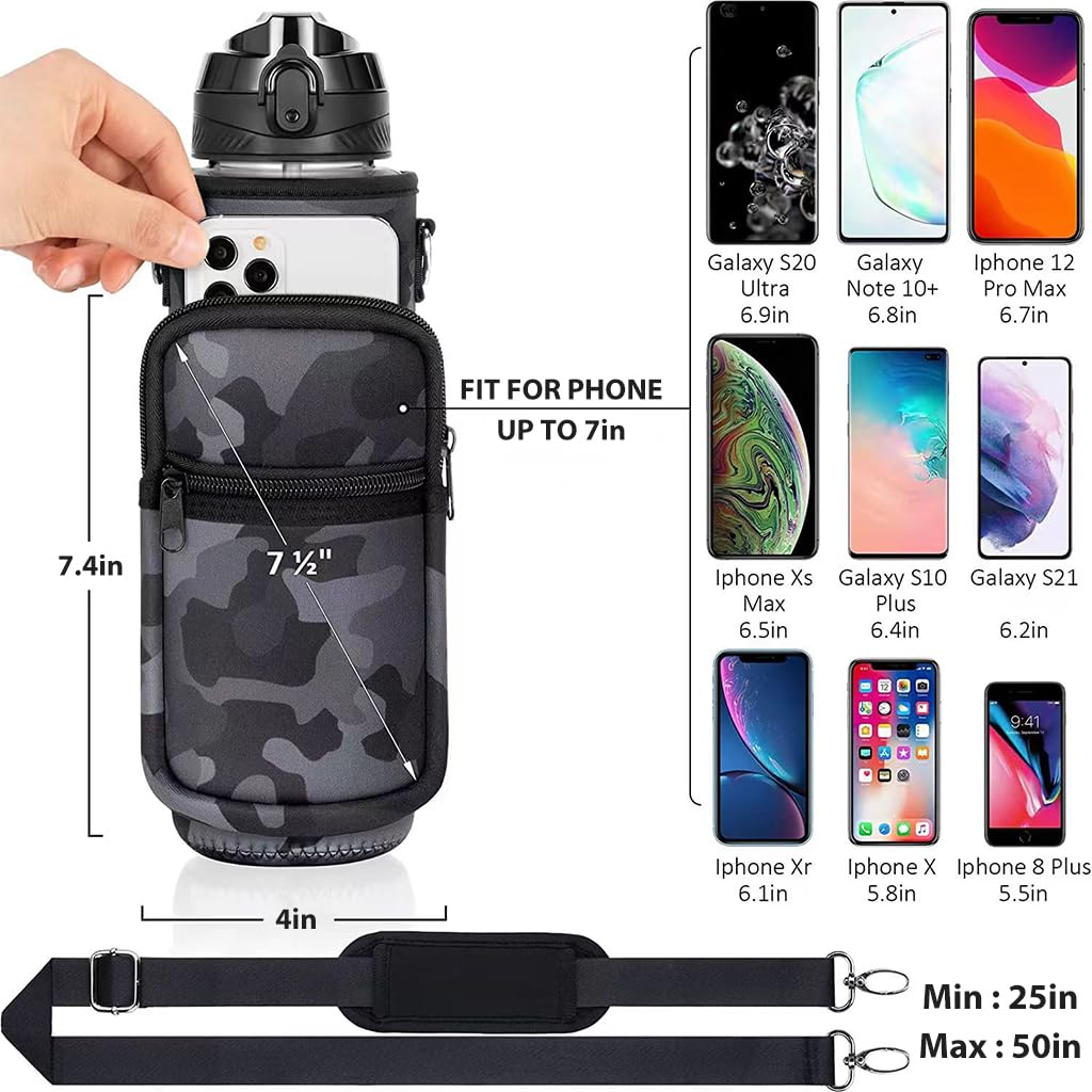 HASTHIP Water Bottle Carrier Bag for 32 oz Bottles, Crossbody Water Bottle Case Cover with Adjustable Shoulder Strap Pockets for Men/Women Boys Girls Walking Hiking Camping School