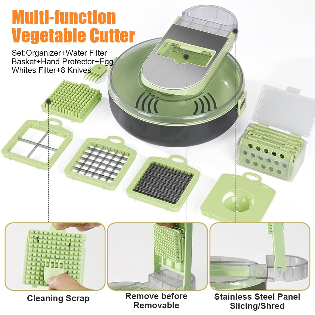 HASTHIP Vegetable Chopper Food Grater Slicer 8-in-1 Kitchen Vegetable Processor Large Capacity Salad Maker Double Layer Vegetable Chopper with Drain Basket with Hand Guard & Egg Seperator
