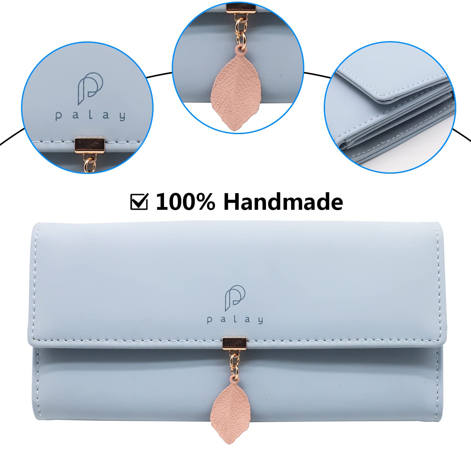 SANNIDHI  Women's PU Leather Long Wallet with Leaf Pendant Card Holders Phone Pocket Girls Zipper Coin Purse (Blue)