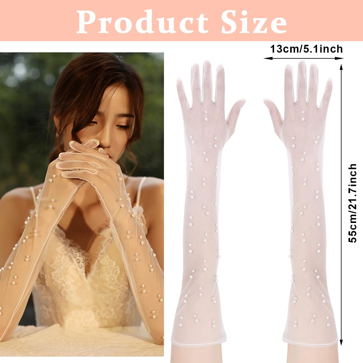 PALAY Wedding Gloves for Bride White Lace Gloves for Women Hand Gloves for Girls White Net Gloves, Elbow Length Lace Gloves Elegant Bridal Tulle Gloves Banquet Pearl Gloves Bridal Diwali Halloween