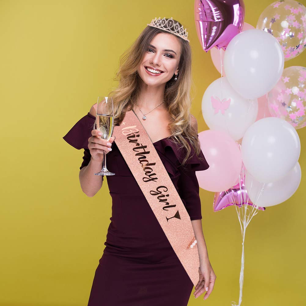 SANNIDHI Birthday Queen Rhinestone Birthday Crown Tiara and Birthday Sash for Girls Women Birthday Party (Silver)