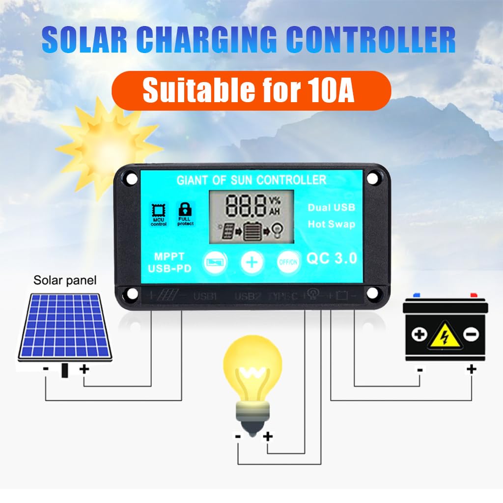 ELEPHANTBOAT Solar Charge Controller 10A 12V/ 24V Solar Charge Controller, Solar Panel Regulator with Dual USB Ports, LCD Display, Support Timer Function