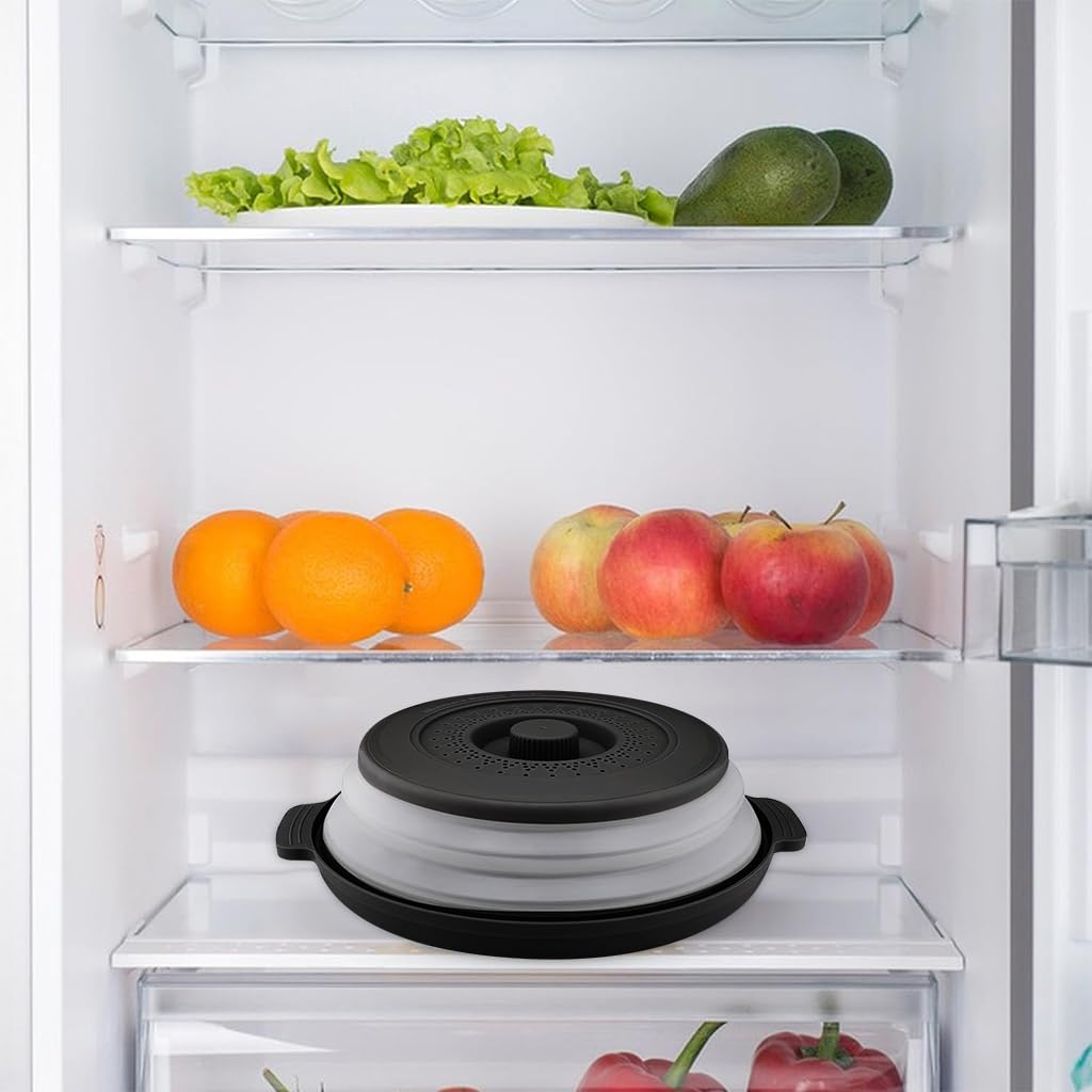 HASTHIP 10.6 inch Microwave Plate Cover, Collapsible Food Plate Lid with Top Steam Vent and Gripper, Strainer for Fruit, Microwave Lid Food Splatter Cover, BPA Free, Microwave Safe Material (Black)