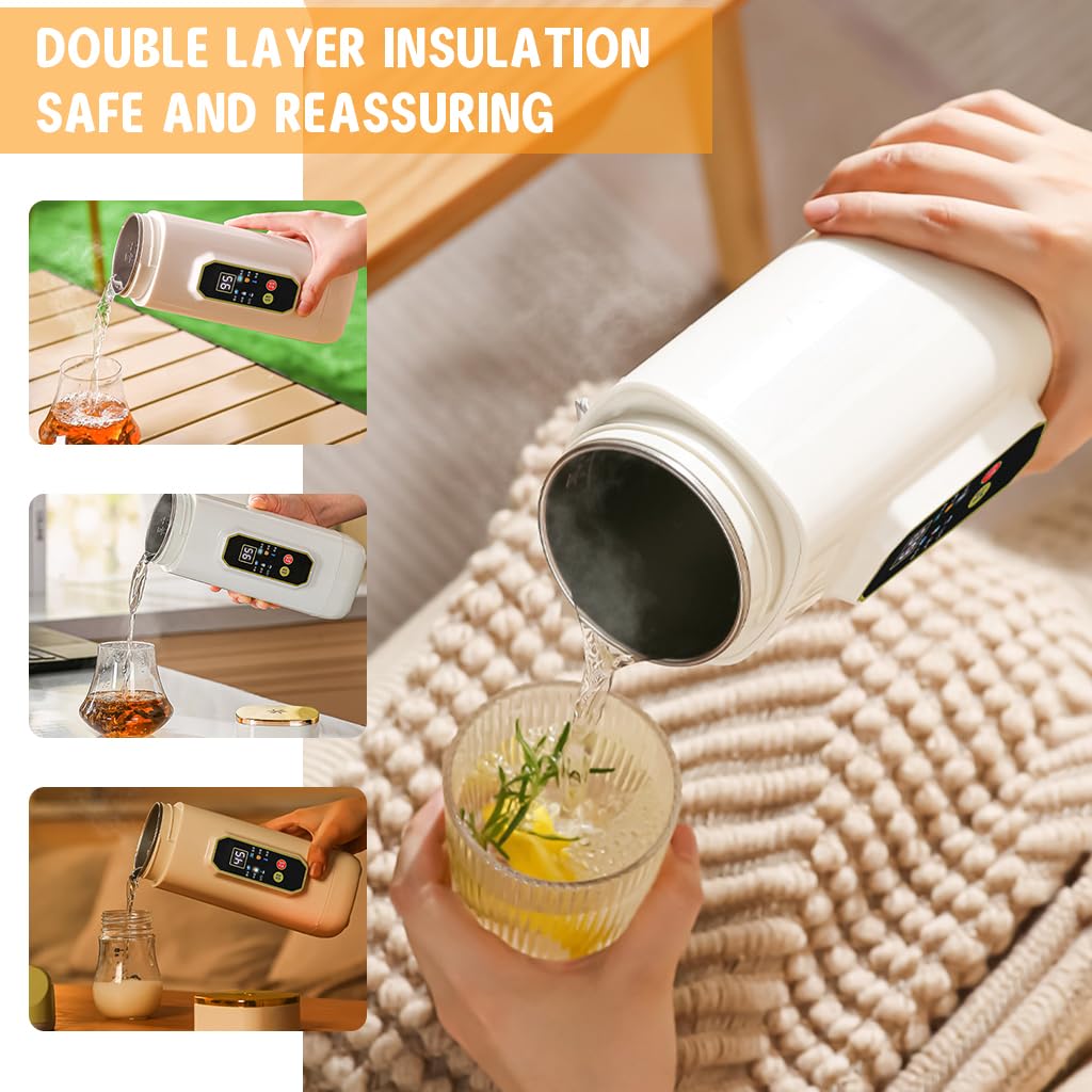 Supvox 650ml Electric Kettle with 6 Preset Modes Thermal Water Bottle Stainless Steel Liner LCD Temperature Display Travel Electric Kettle Multipurpose Travel Electric Thermal Kettle with Lanyard