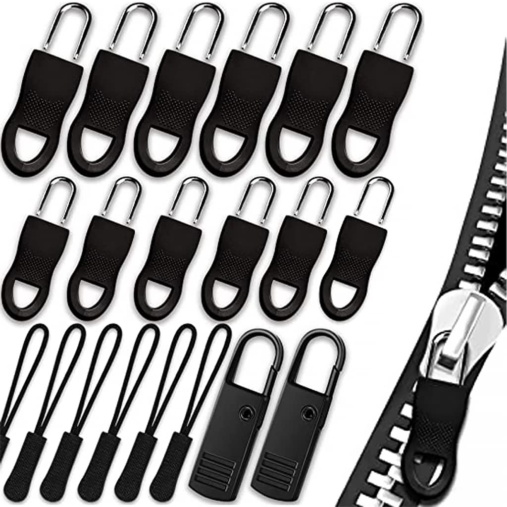 HASTHIP 20pcs Zipper Pulls Replacement Kit, Universal Detachable Zipper Puller, Black Zipper Pull Tab for Bags, Purses, Luggage, Backpacks, Pants, Jackets, Boots, Tents (3 Styles, 4 Sizes)
