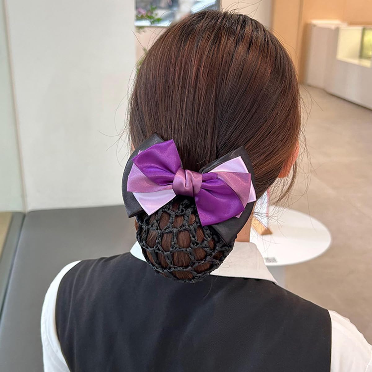 MAYCREATE Bowknot Snood Net Barrette Hair Bun Accessories for Women Lady, Elastic Mesh Hair Bun Clip Bow Hair Bun Cover Hairnet for Daily, Dance, Office
