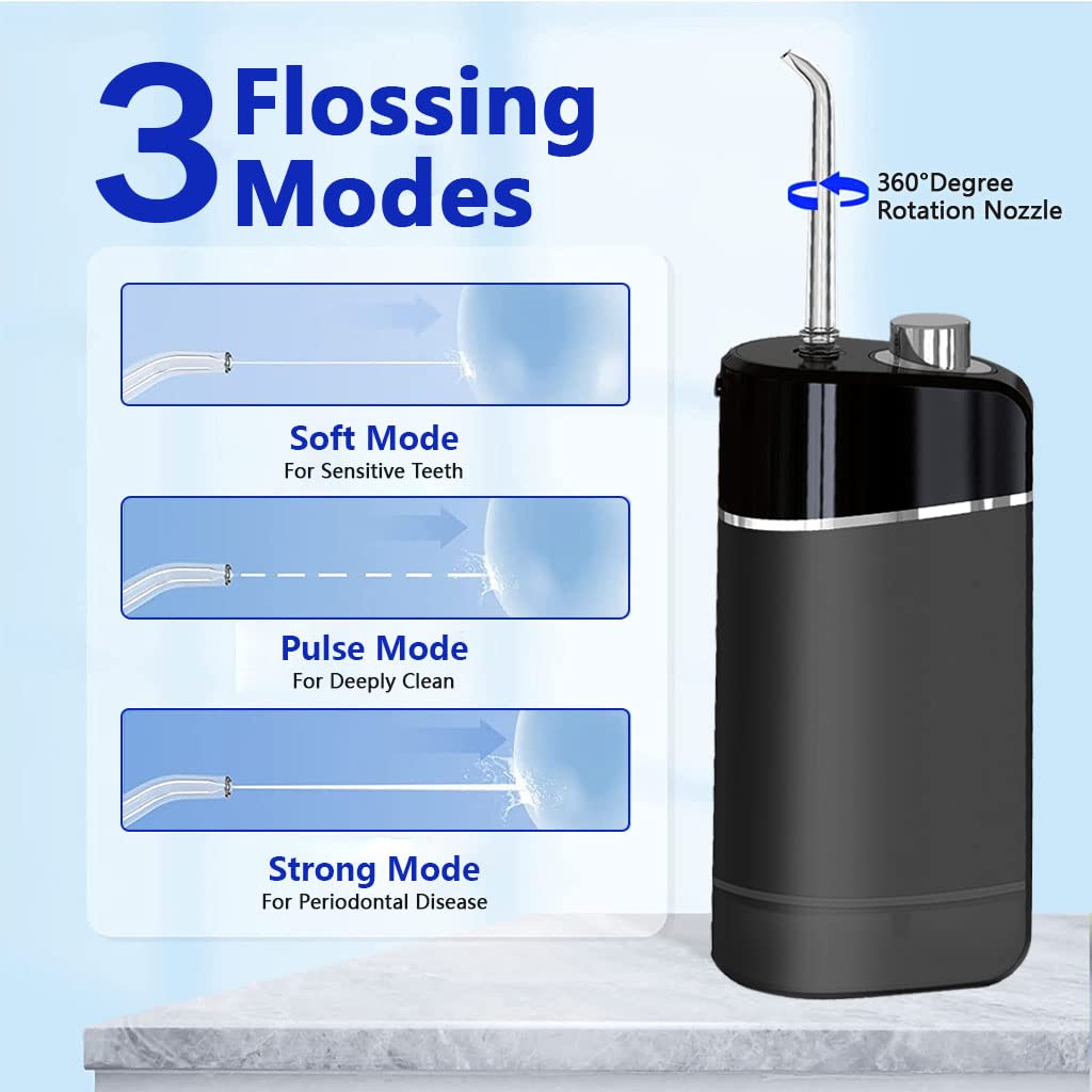 HANNEA Portable Flosser Cordless Rechargeable Travel Dental Cleaner, Fine Water Stream Flosser with 3 Modes, 200ml Tank, 4 Jet Tips, IPX7 Travel Water Dental Flosser Cleaner with Storage Bag, Black