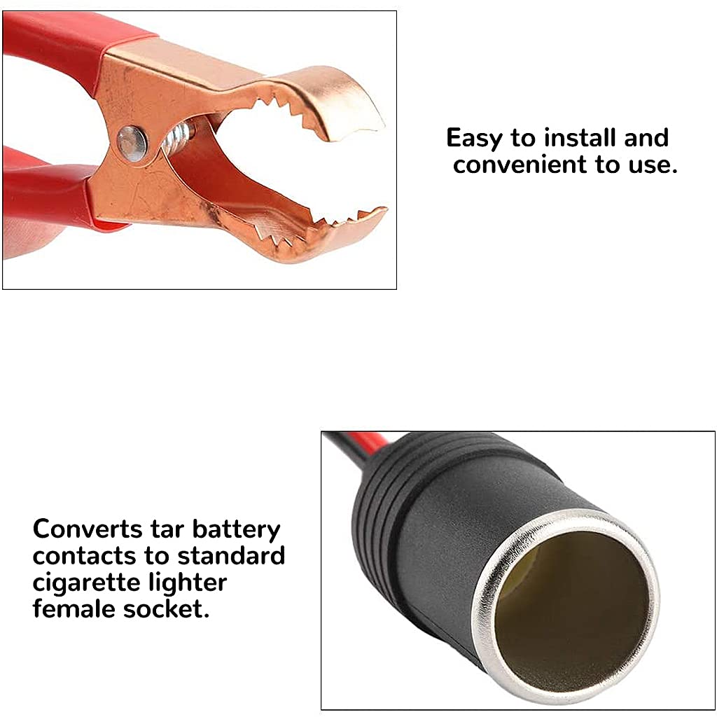 Verilux 1FT 12V 24V Female Car Cigarette Lighter Socket to Battery Alligator Crocodile Clips Connector, Car Battery Clamp-on Extension Charge Cable