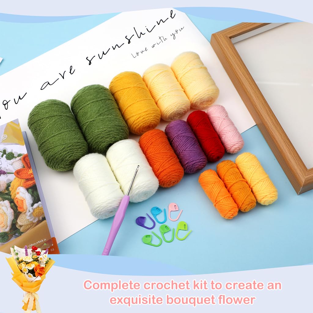 PATPAT DIY Crochet Kit Flower Bouquet Material Kit Crochet Kit for Beginners, Knitting Kit Rose Flowers Bouquet Starter Kit with Yarn Tools, Crochet Hooks & Tutorial Pamphlet, Birthday Gift for Girls