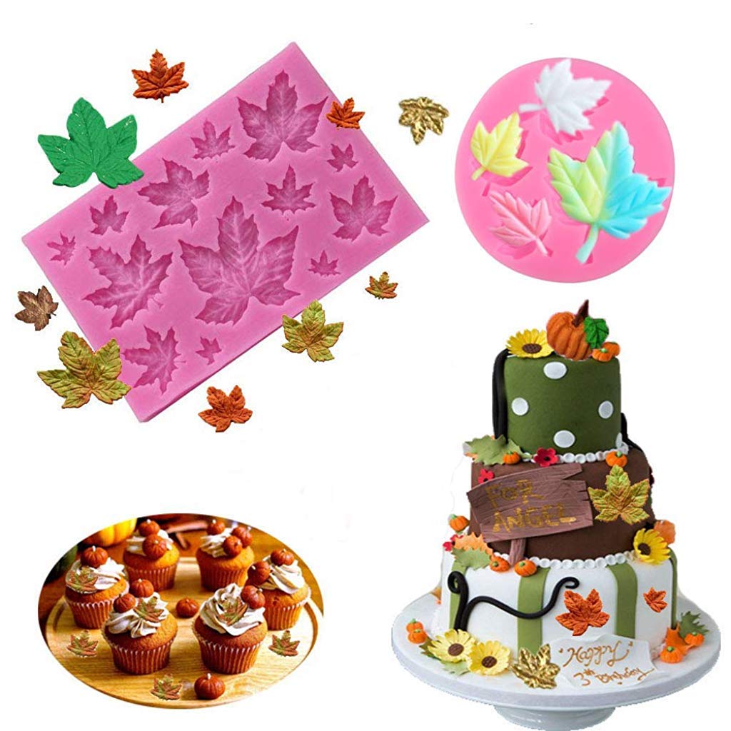 HASTHIP 5PCS Silicone Leaves Fondant Molds 3D Mini Maple Leaf Rose Shaped DIY Cake Decoration Molds