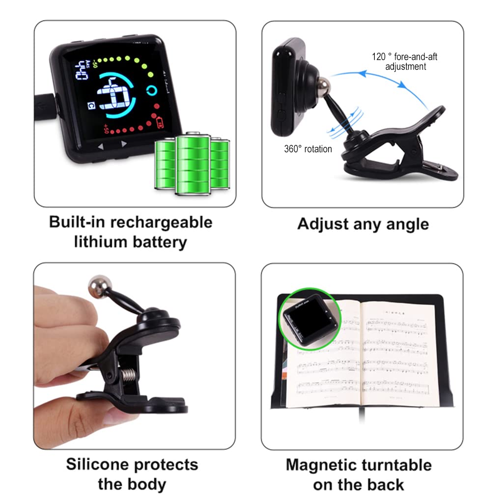 ZORBES 2 in 1 Guitar Tuner with Metronome, Clip On Tuner for Guitar, Bass Ukulele, Violin, Banjo, Built-in Battery USB Rechargeable Tuner with Adjustable Arm