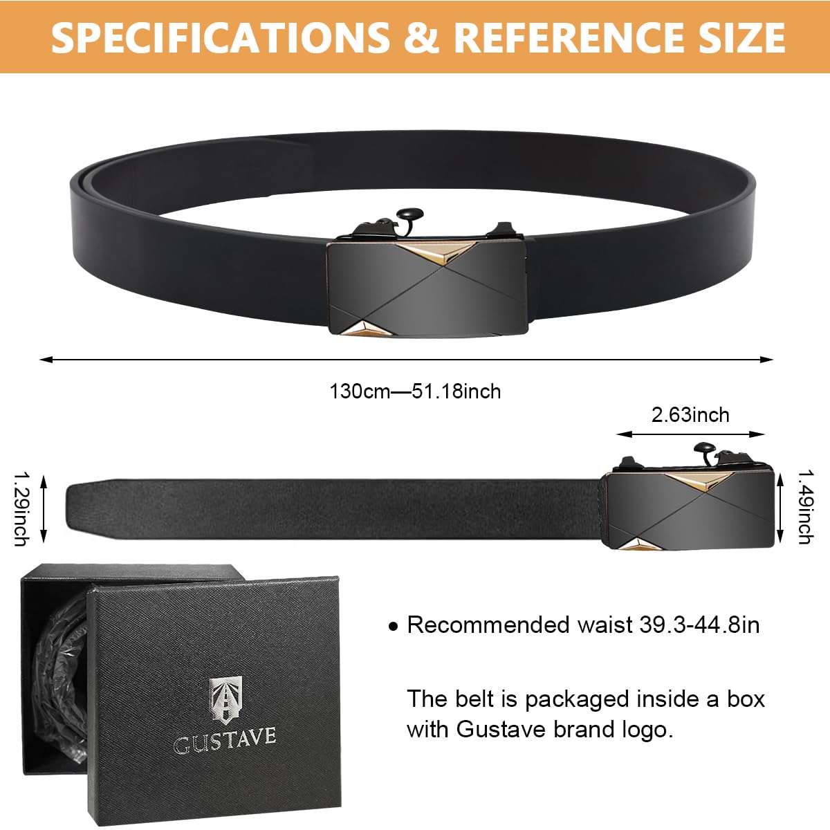 GUSTAVE Men's Leather Belt Adjustable Auto Lock Buckle Belt for Men (Black-I)