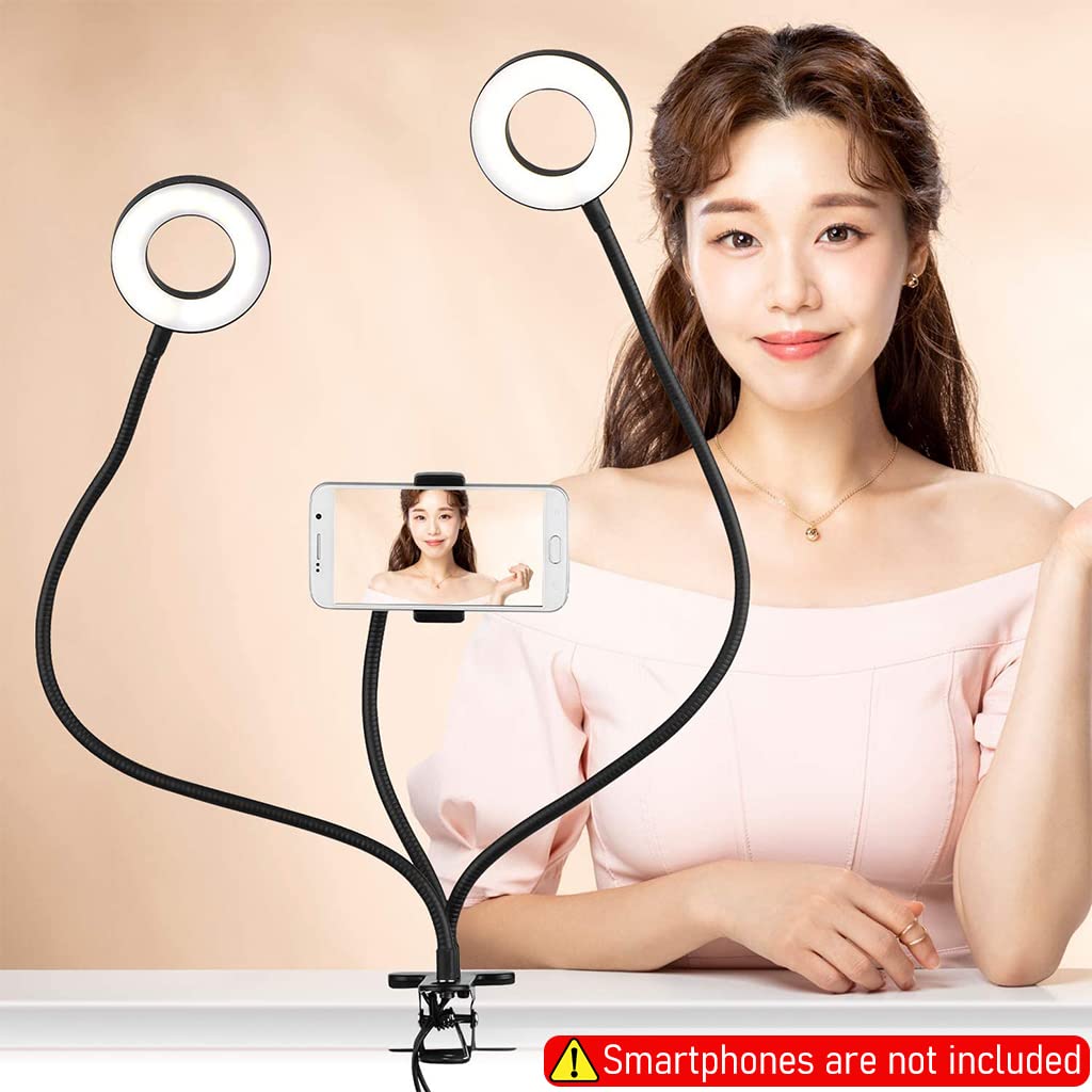 ZORBES Light for Video Shooting, 2 in 1 USB LED Selfie Light Dual Ring Light for Video Shooting, 360° Rotatable Ring Light Phone Holder Phone Stand Clip-on Video Light Ring Light with 3 Colors 10 Brightness