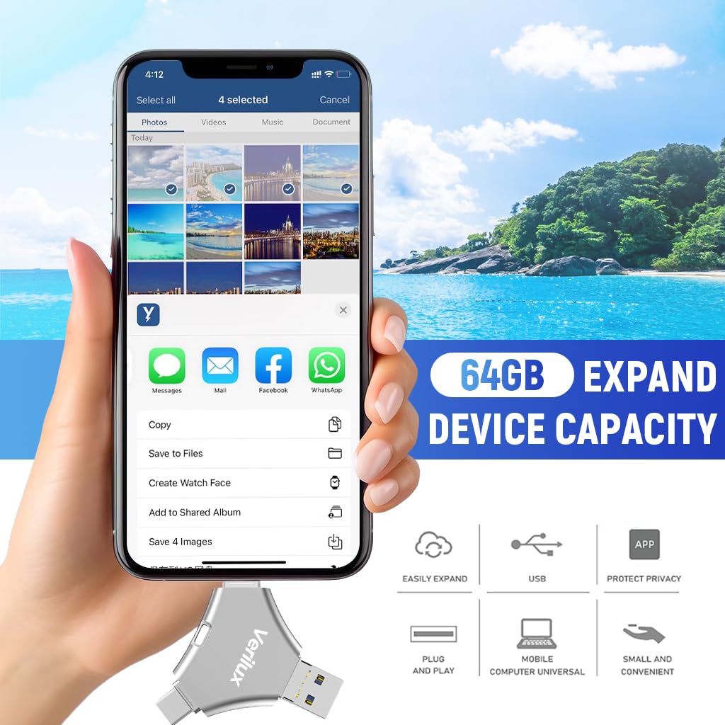Verilux Pendrive 64GB 4 in 1 Flash Drive with Light-ning, Micro USB, USB A, Type-C Interface Mini Hangable PenDrive for iOS & Android