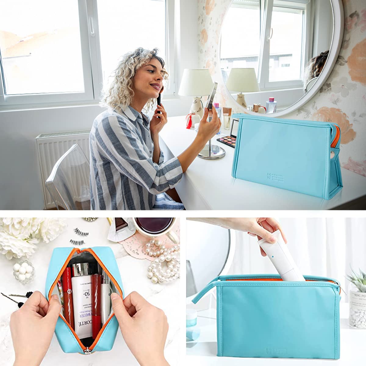 GUSTAVE Makeup Pouches for Home & Travel, Toiletry Bag for Cosmetics, Brushes, Accessories (Blue)