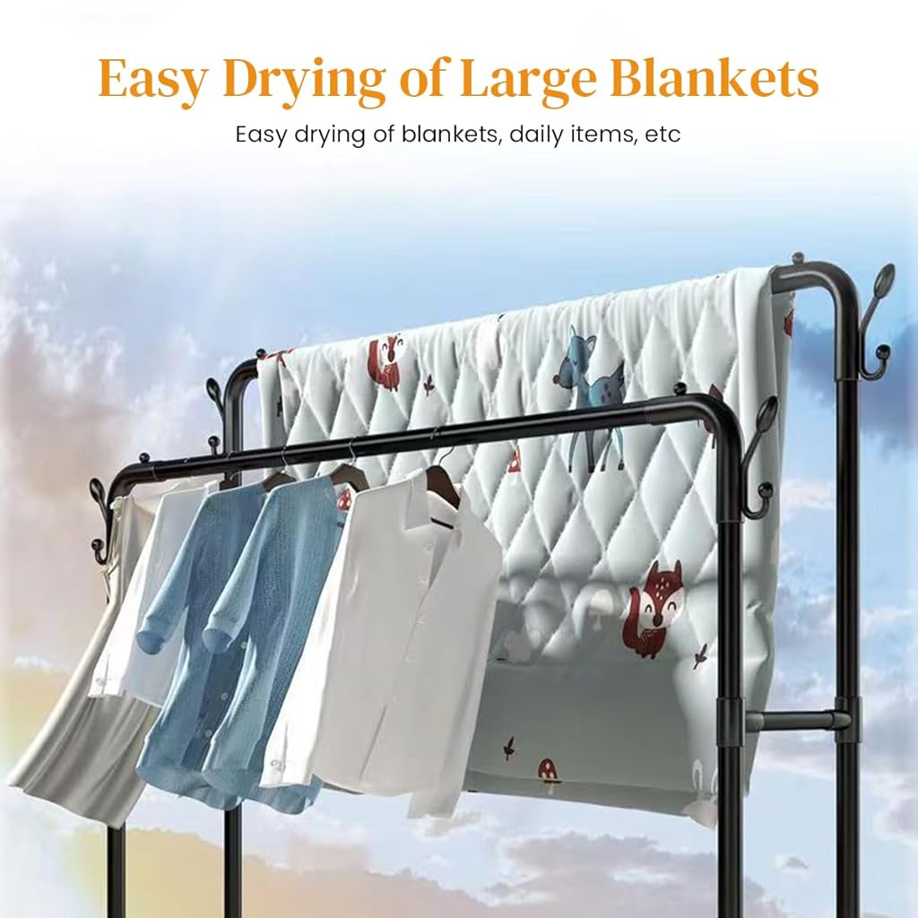 HASTHIP Garment Organizer Rack Moving Floor Clothes Rack Garment Rack with Wheel Double Layer Metal Clothes Organizer Rack with Utiliy Shoe Rack Multi Purpose Open Garment Organizer Rack