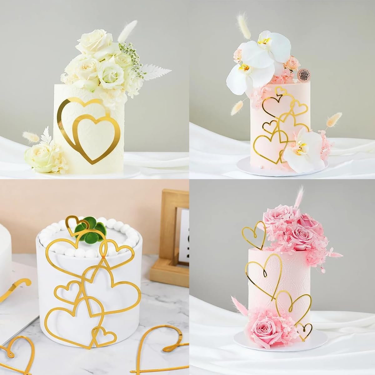 PALAY 12Pcs Cake Decorations Luxury Golden Acrylic Rose Heart Shaped Cake Topper Decorations for Birthday Cake Anniversary Wedding Cake