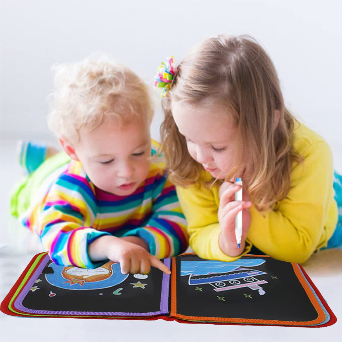 PATPAT Erasable Doodle Book for Kids Big Size, Magical Drawing Book 14 Pages Reusable Drawing Pads with 12 Water-Soluble Chalk Markers, Portable Busy Board Drawing Board for Kids Boys Girls